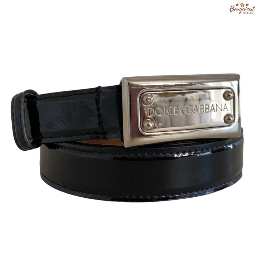 Authentic Dolce & Gabbana Black Patent Leather Belt Silver Buckle Logo Size 34